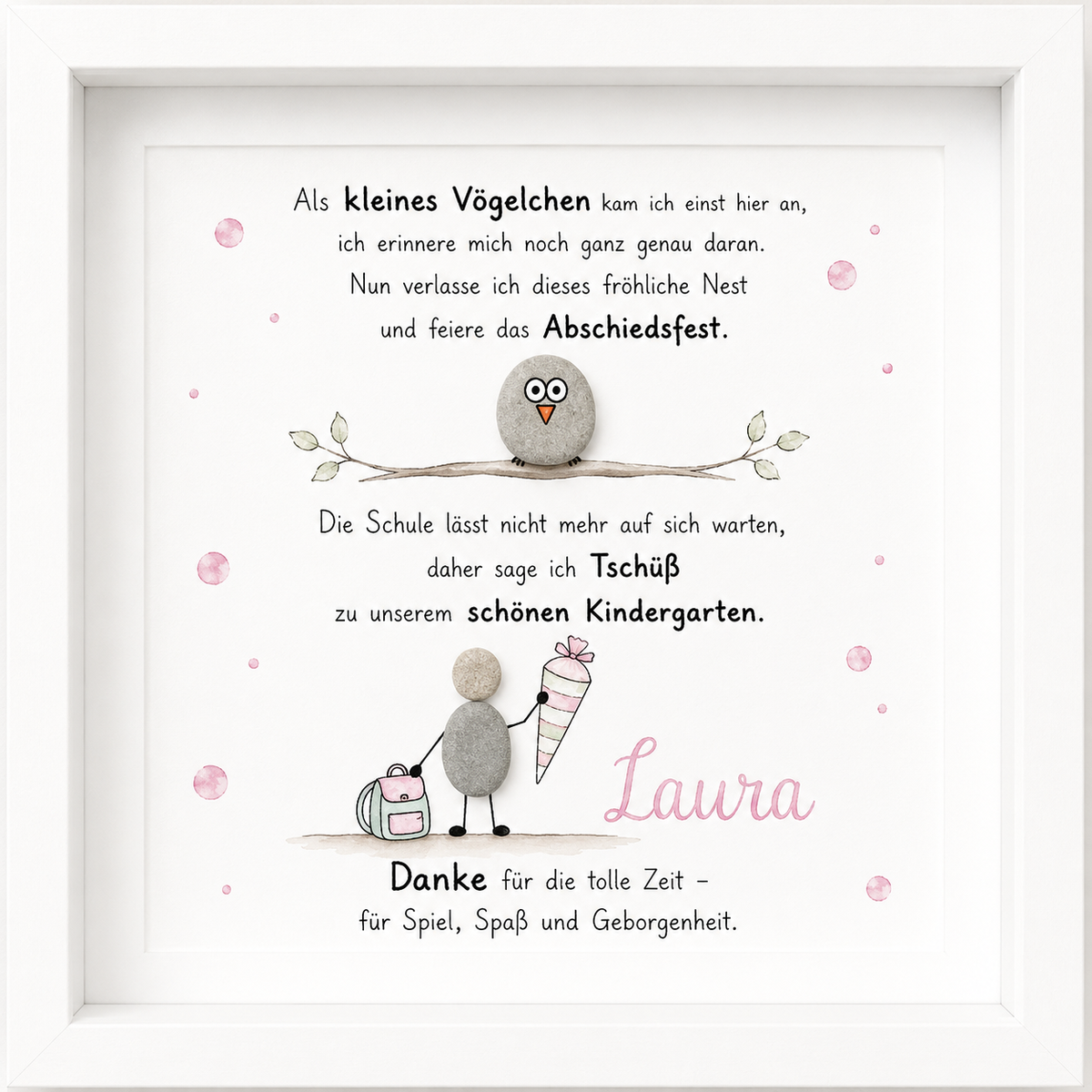 Kieselsteinbild Als kleines Vögelchen kam ich einst hier an – personalisierbares Abschiedsgeschenk Kindergarten, handgemachtes Steinbild