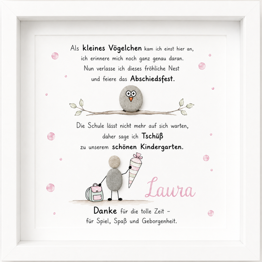 Kieselsteinbild Als kleines Vögelchen kam ich einst hier an – personalisierbares Abschiedsgeschenk Kindergarten, handgemachtes Steinbild