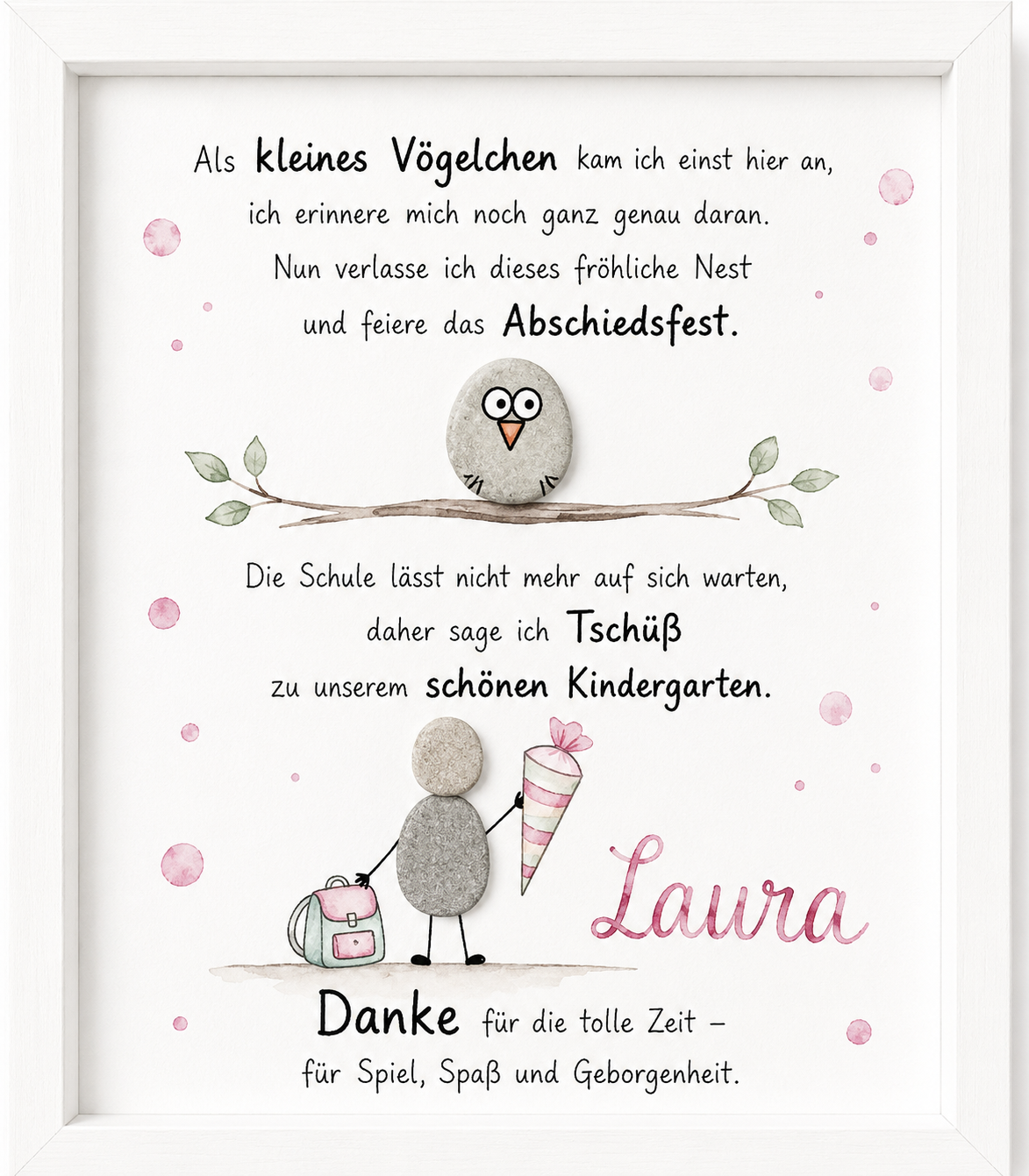 Kieselsteinbild Als kleines Vögelchen kam ich einst hier an – personalisierbares Abschiedsgeschenk Kindergarten, handgemachtes Steinbild