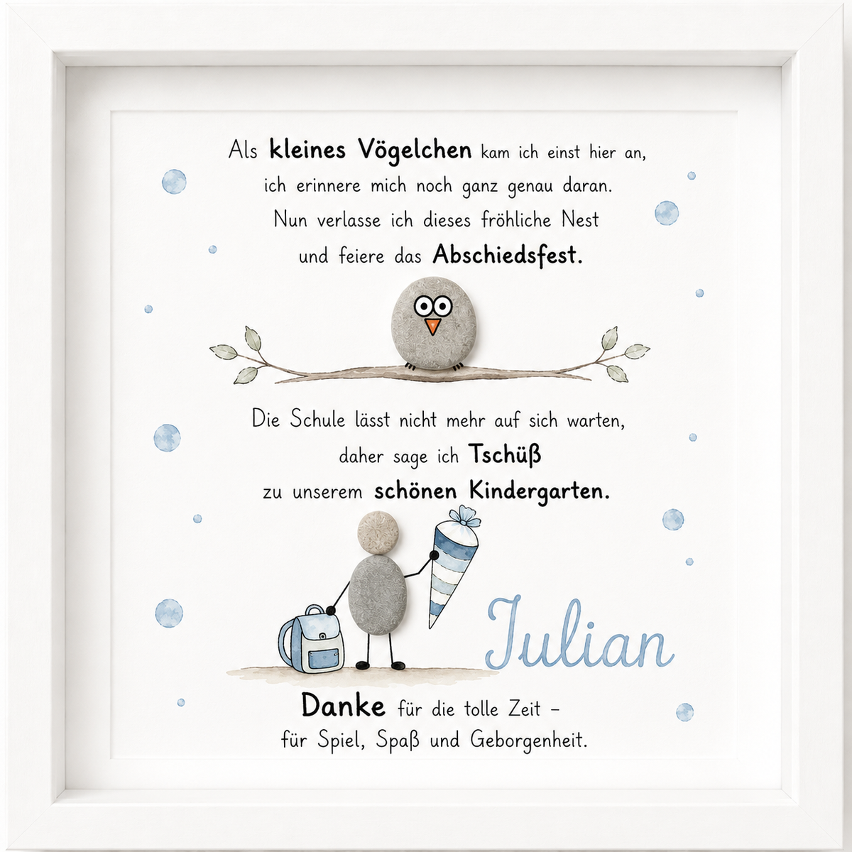 Kieselsteinbild Als kleines Vögelchen kam ich einst hier an – personalisierbares Abschiedsgeschenk Kindergarten, handgemachtes Steinbild
