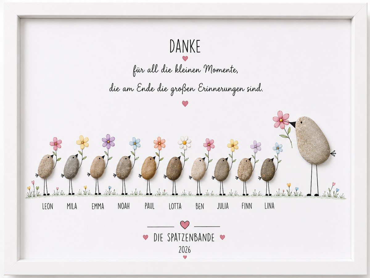 Kieselsteinbild Kieselstein-Vögel mit Blumen, personalisierbar mit Kindernamen und Gruppenname „Danke für all die kleinen Momente“ – Abschiedsgeschenk für die Erzieherin, handgemachtes Steinbild