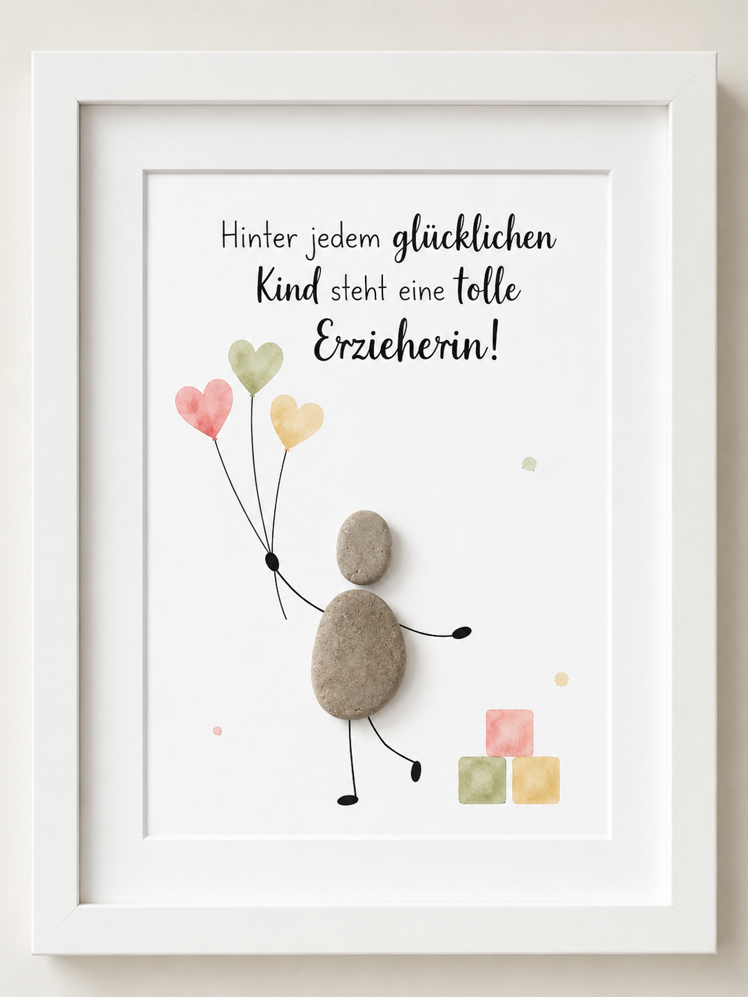 Kieselsteinbild Steinfigur mit Herzluftballons „Hinter jedem glücklichen Kind steht eine tolle Erzieherin!“ – Geschenk für die Erzieherin, handgemachtes Steinbild
