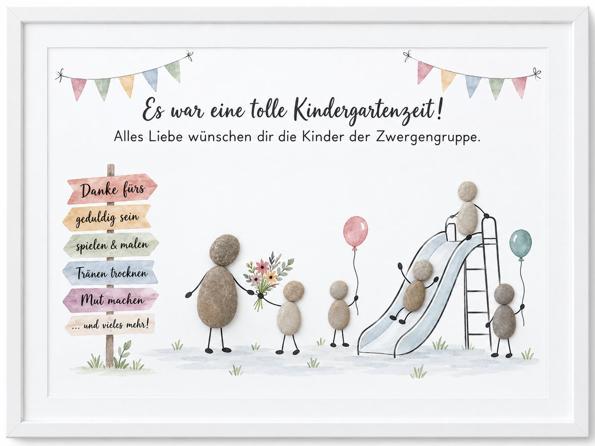 Kieselsteinbild Erzieherin-Steinfigur mit Kindern beim Spielen und auf der Rutsche, personalisierbar mit Gruppenname „Es war eine tolle Kindergartenzeit!“ – Abschiedsgeschenk Kindergarten, handgemachtes Steinbild