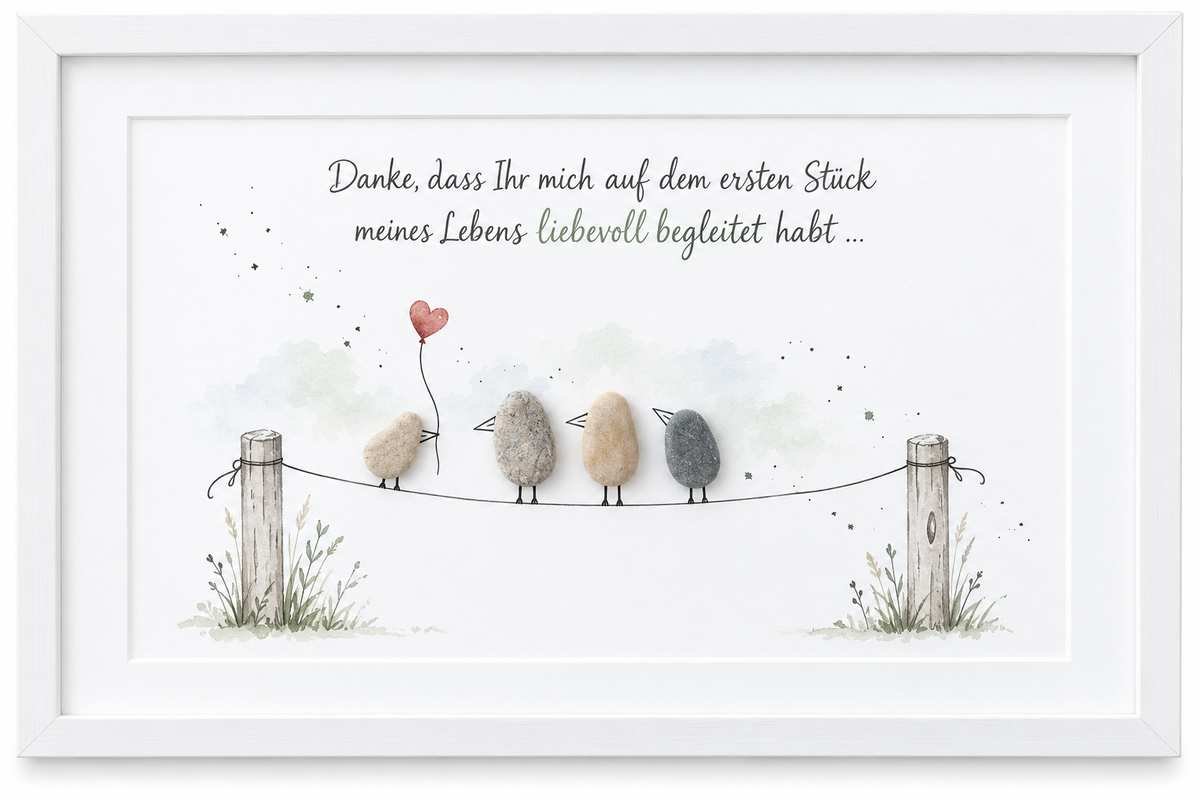 Kieselsteinbild Kieselstein-Vögel auf einer Leine mit Herzluftballon „Danke, dass Ihr mich auf dem ersten Stück meines Lebens liebevoll begleitet habt …“ – Abschiedsgeschenk Kindergarten, handgemachtes Steinbild