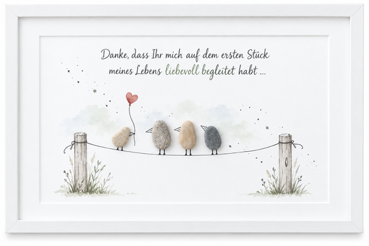 Kieselsteinbild Kieselstein-Vögel auf einer Leine mit Herzluftballon „Danke, dass Ihr mich auf dem ersten Stück meines Lebens liebevoll begleitet habt …“ – Abschiedsgeschenk Kindergarten, handgemachtes Steinbild