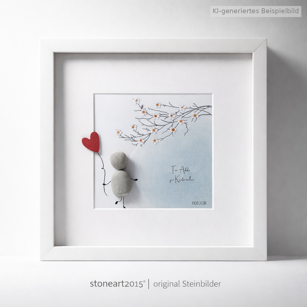 Kieselsteinbild Steinfigur mit rotem Herzballon unter Blütenzweig, personalisierbar mit Name und Datum – Geschenk zur Konfirmation, handgemachtes Steinbild