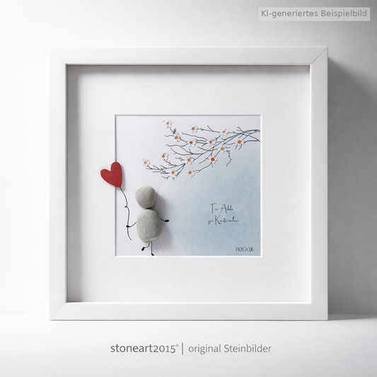 Kieselsteinbild Steinfigur mit rotem Herzballon unter Blütenzweig, personalisierbar mit Name und Datum – Geschenk zur Konfirmation, handgemachtes Steinbild