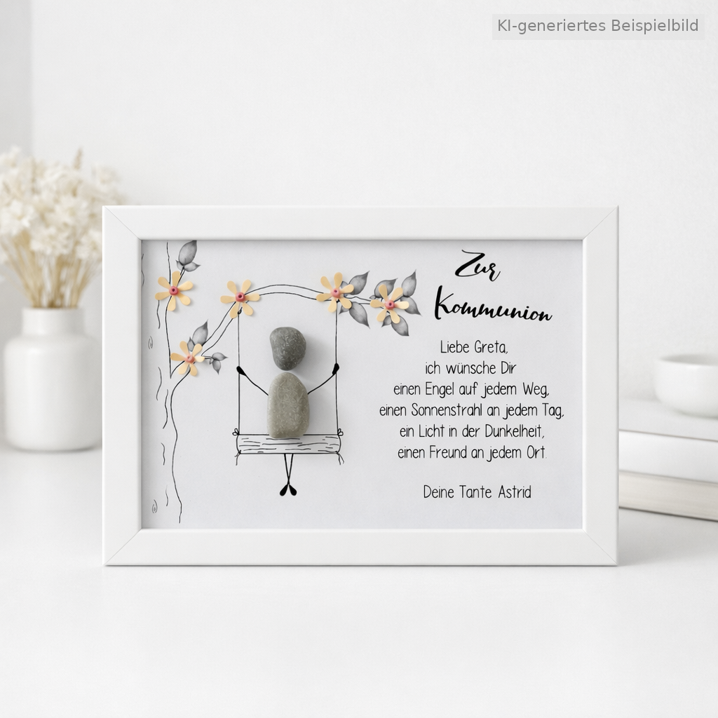 Kieselsteinbild Steinfigur auf Blumen-Schaukel, personalisierbar mit Name und Absender „Ich wünsche Dir einen Engel auf jedem Weg“ – Geschenk zur Kommunion, handgemachtes Steinbild