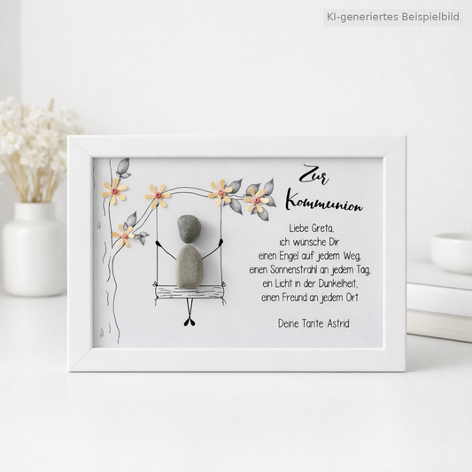 Kieselsteinbild Steinfigur auf Blumen-Schaukel, personalisierbar mit Name und Absender „Ich wünsche Dir einen Engel auf jedem Weg“ – Geschenk zur Kommunion, handgemachtes Steinbild