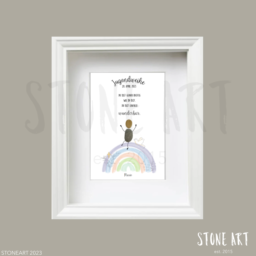 Steinbild Jugendweihe – Spruch „Du bist genau richtig wie du bist", Kieselsteine handgemacht