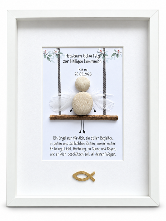 Kieselsteinbild Steinfigur mit Engelsflügeln „Ein Engel nur für dich – ein stiller Begleiter“ – Geschenk zur Kommunion, handgemachtes Steinbild