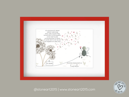 Handgefertigtes Steinbild mit Schutzengel-Motiv – symbolisches Geschenk für Geborgenheit und gute Wünsche.