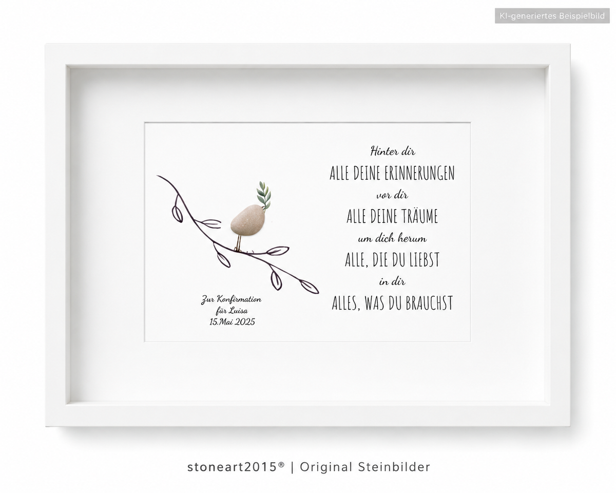 Kieselsteinbild Vogel auf Zweig, personalisierbar mit Name und Datum „Hinter dir alle deine Erinnerungen, vor dir alle deine Träume“ – Geschenk zur Konfirmation, handgemachtes Steinbild