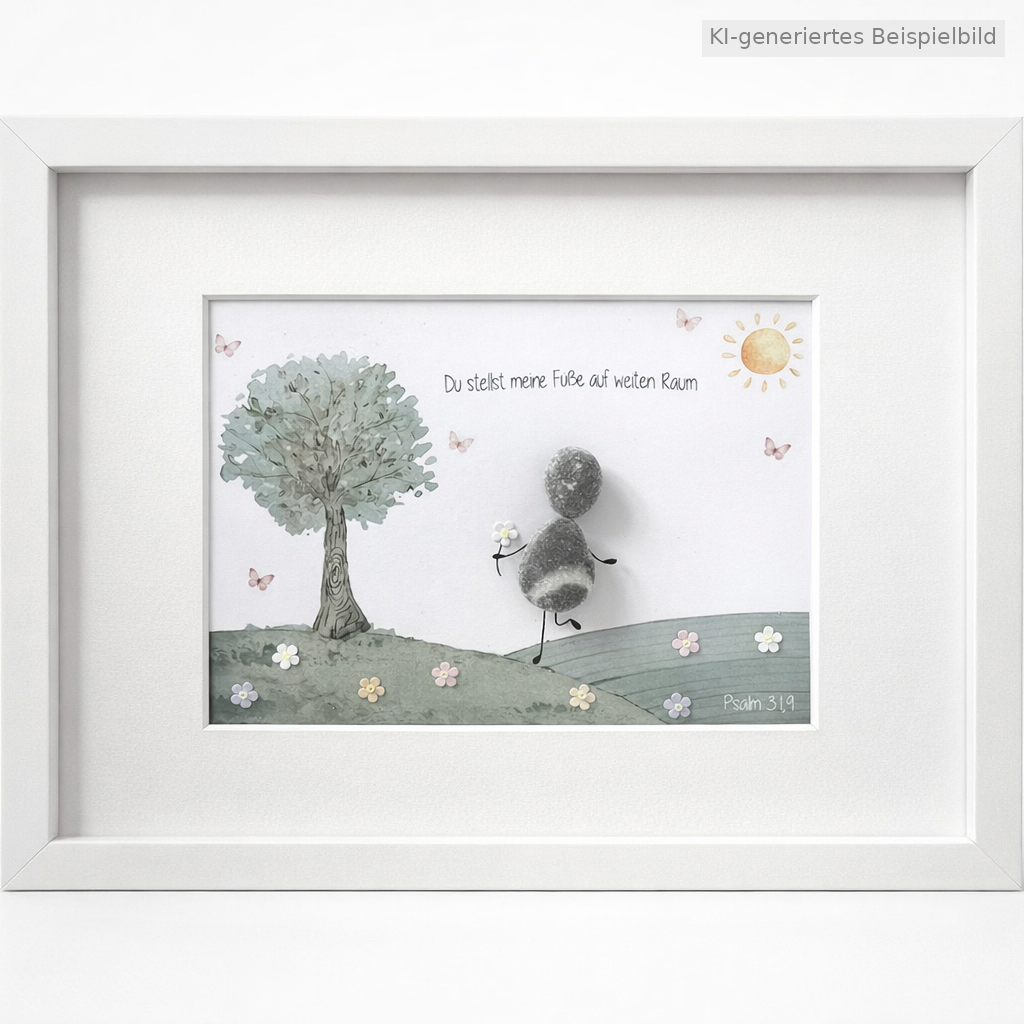 Kieselsteinbild Steinfigur mit Blume auf Wiese neben Baum „Du stellst meine Füße auf weiten Raum“ Psalm 31,9 – Geschenk zur Konfirmation, handgemachtes Steinbild
