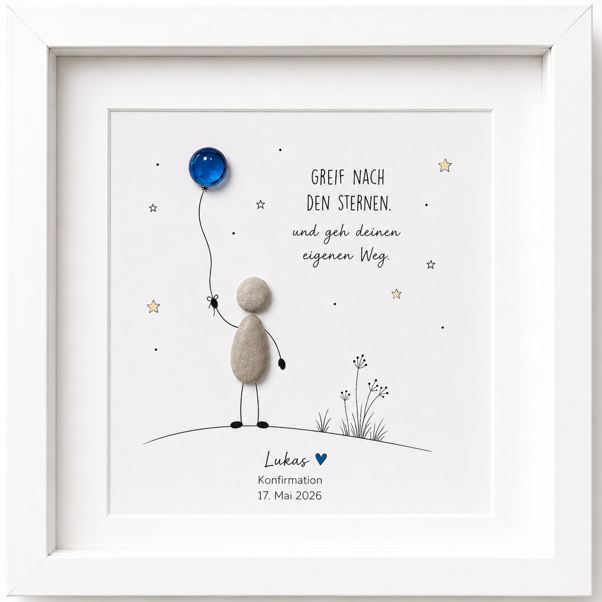 Kieselsteinbild Steinfigur mit Ballon unter Sternenhimmel, personalisierbar mit Name und Datum „Greif nach den Sternen und geh deinen eigenen Weg.“ – Geschenk zur Konfirmation, handgemachtes Steinbild