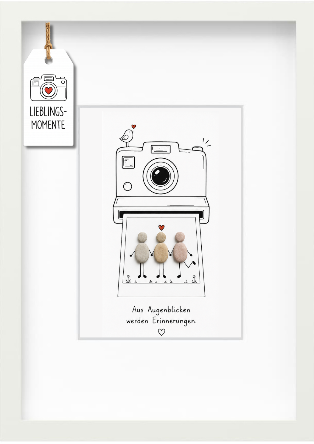 Kieselsteinbild „Aus Augenblicken werden Erinnerungen.“ – Geschenk für drei Freunde oder Geschwister, handgemachtes Steinbild