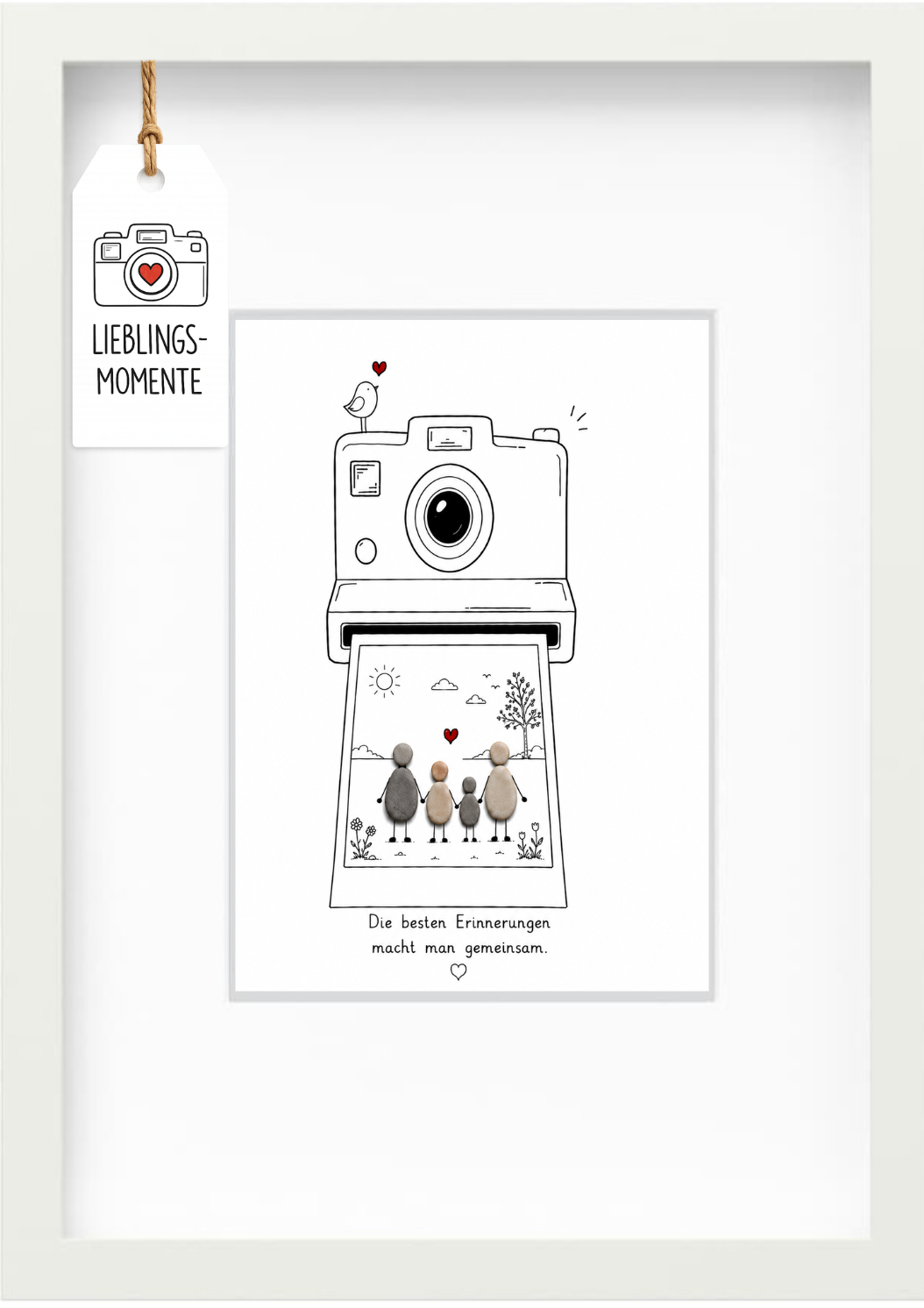Kieselsteinbild „Die besten Erinnerungen macht man gemeinsam.“ – Geschenk für Familie mit zwei Kindern, handgemachtes Steinbild