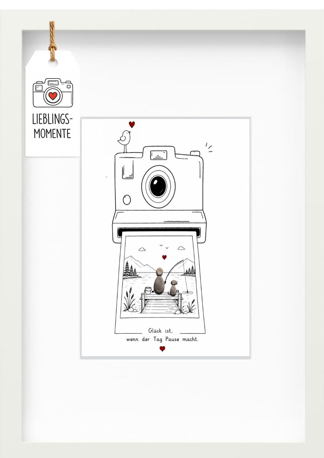 Kieselsteinbild „Glück ist, wenn der Tag Pause macht.“ – Geschenk für Angler und Hundefreunde, handgemachtes Steinbild