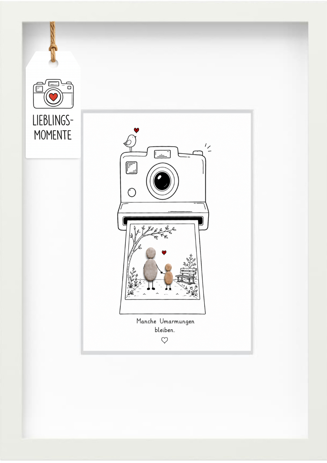 Kieselsteinbild „Manche Umarmungen bleiben.“ – Geschenk für Eltern und Kind, handgemachtes Steinbild