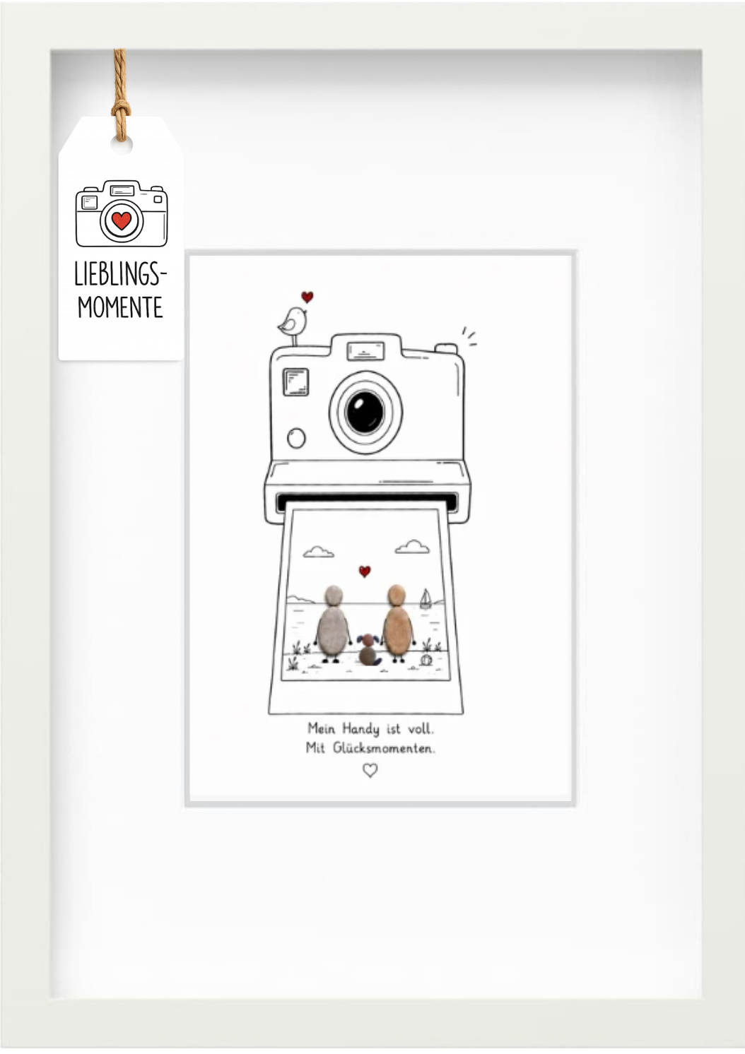 Kieselsteinbild „Mein Handy ist voll. Mit Glücksmomenten.“ – Geschenk für Paare mit Hund, handgemachtes Steinbild
