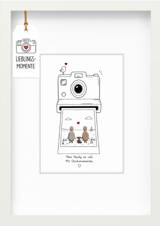 Kieselsteinbild „Mein Handy ist voll. Mit Glücksmomenten.“ – Geschenk für Paare mit Hund, handgemachtes Steinbild