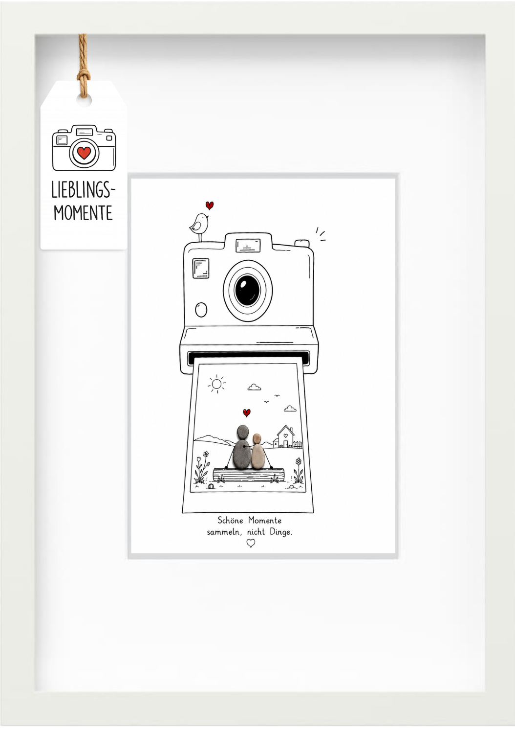 Kieselsteinbild „Schöne Momente sammeln, nicht Dinge.“ – Geschenk für Paare und Minimalisten, handgemachtes Steinbild