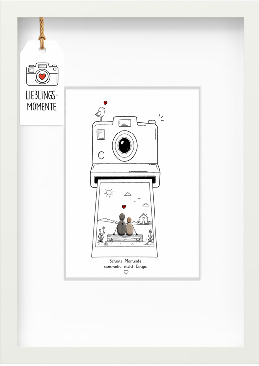 Kieselsteinbild „Schöne Momente sammeln, nicht Dinge.“ – Geschenk für Paare und Minimalisten, handgemachtes Steinbild