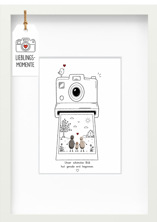Kieselsteinbild „Unser schönstes Bild hat gerade erst begonnen.“ – Geschenk für junge Eltern, handgemachtes Steinbild