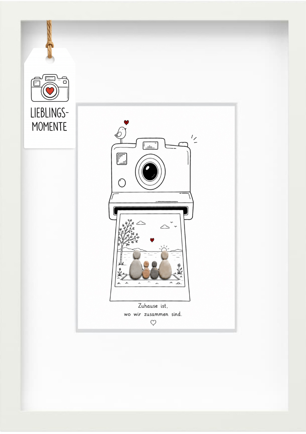 Kieselsteinbild „Zuhause ist, wo wir zusammen sind.“ – Geschenk für Familie mit zwei Kindern, handgemachtes Steinbild