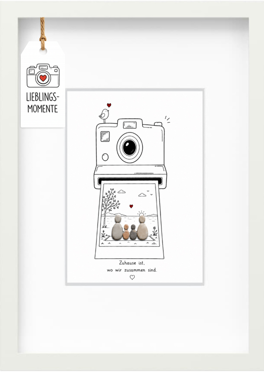 Kieselsteinbild „Zuhause ist, wo wir zusammen sind.“ – Geschenk für Familie mit zwei Kindern, handgemachtes Steinbild