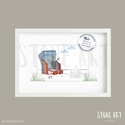 Handgefertigtes Steinbild mit dem Spruch „Am Meer fühlt man sich immer wie von innen repariert“ – maritimes Geschenk für Entspannung & Lebensfreude.