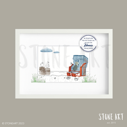 Handgemachtes Steinbild mit Spruch „Am Strand zieht man die Schuhe aus und die Seele atmet auf“ – maritimes Geschenk für Strandliebhaber:innen.