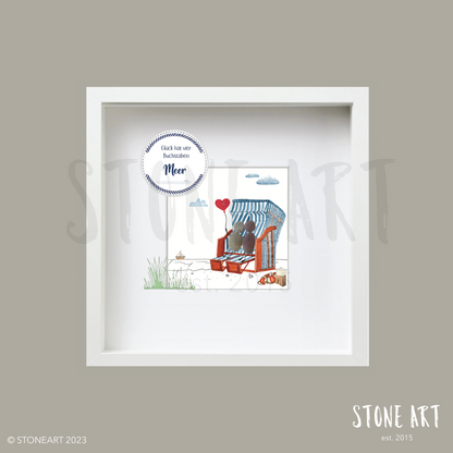 Handgefertigtes Steinbild mit maritimen Motiv - Glück hat vier Buchstaben: MEER