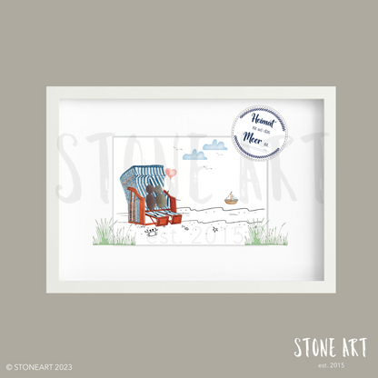 Handgefertigtes Steinbild mit dem Spruch „Heimat ist, wo das Meer ist“ – maritimes Wandbild und liebevolles Geschenk für Strand- und Küstenfans.