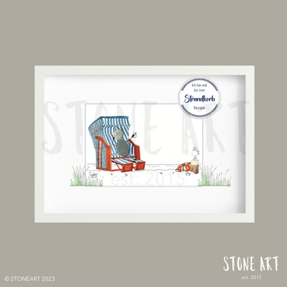 Handgefertigtes Steinbild mit dem Spruch „Ich bin reif für eine Strandkorbtherapie“ – maritimes Geschenk für Erholungssuchende & Nordsee-Fans.
