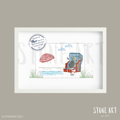 Handgefertigtes Steinbild mit dem Spruch „Irgendwo am Meer kam ich zu dem Entschluss, dass ich gar nichts muss“ – perfekte Deko für Entschleunigung & Meergefühl.