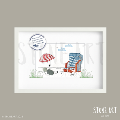 Handgefertigtes Steinbild mit dem Spruch „Wenn du denkst, es geht nicht mehr, pack deine Sachen und fahr ans Meer“ – maritimes Mutmacher-Geschenk.