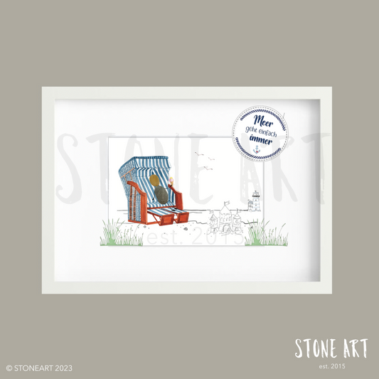 Handgefertigtes Steinbild mit Spruch „Meer geht immer“ und Strandkorb-Motiv – maritimes Geschenk für alle, die das Meer lieben.