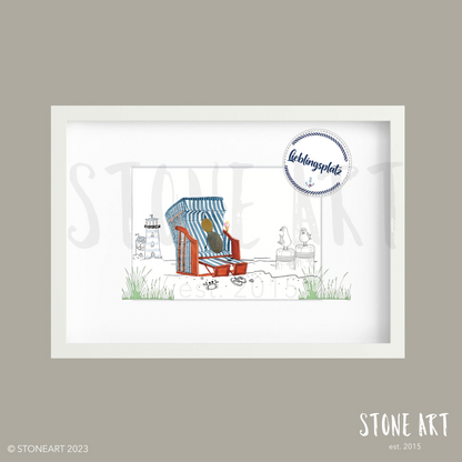 Handgefertigtes Steinbild mit dem Spruch „Lieblingsplatz“ – perfekte maritime Deko für Ruhe, Entspannung & Sehnsucht nach Küste und Strandkorb.