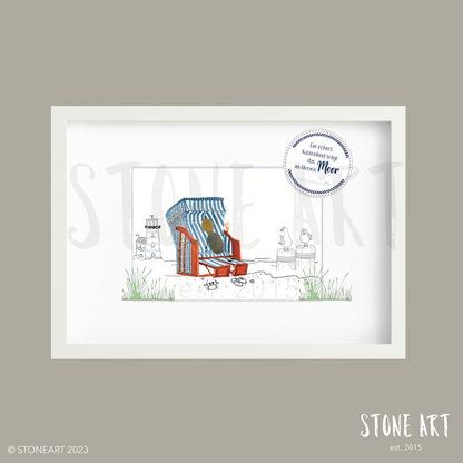 Handgefertigtes Steinbild mit dem Spruch „Ein echtes Küstenkind trägt das Meer im Herzen“ – maritime Deko für Zuhause und liebevolle Geschenkidee.