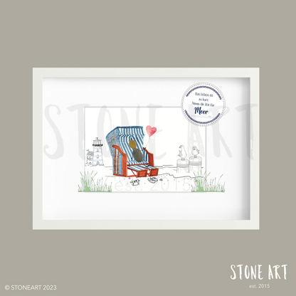 Handgefertigtes Steinbild mit Leuchtturm, Strandkorb und dem Spruch „Das Leben ist zu kurz – nimm dir Zeit für Meer“ – maritime Deko für drinnen.