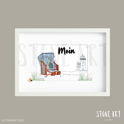 Maritimes Steinbild mit Schriftzug „Moin“ – natürliche Küstenliebe Wanddeko und Geschenk für Meerliebhaber.