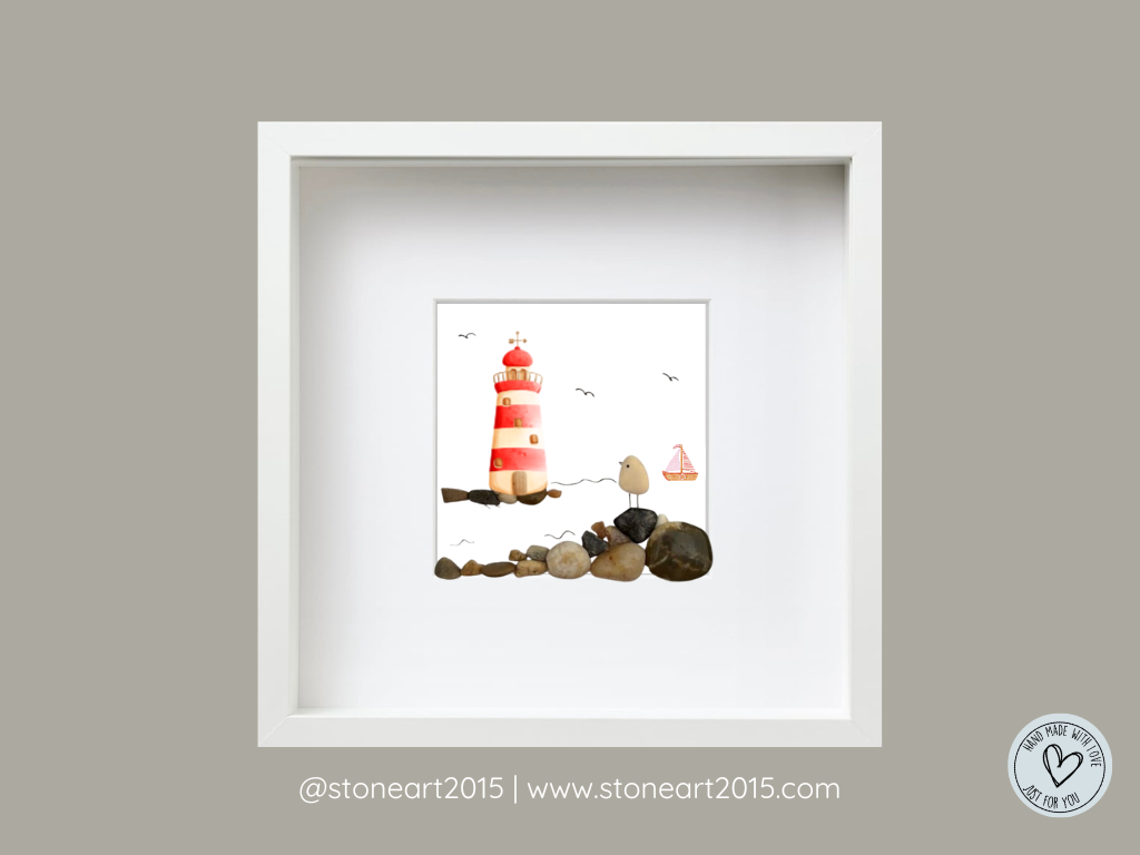 Maritimes Steinbild mit Leuchtturm und Spruch „Orientierung am Horizont“ – Geschenk für Meerliebhaber.