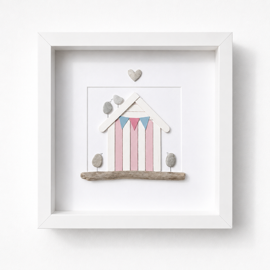 Kieselsteinbild Beachhouse – maritimes Geschenk, handgemachtes Steinbild