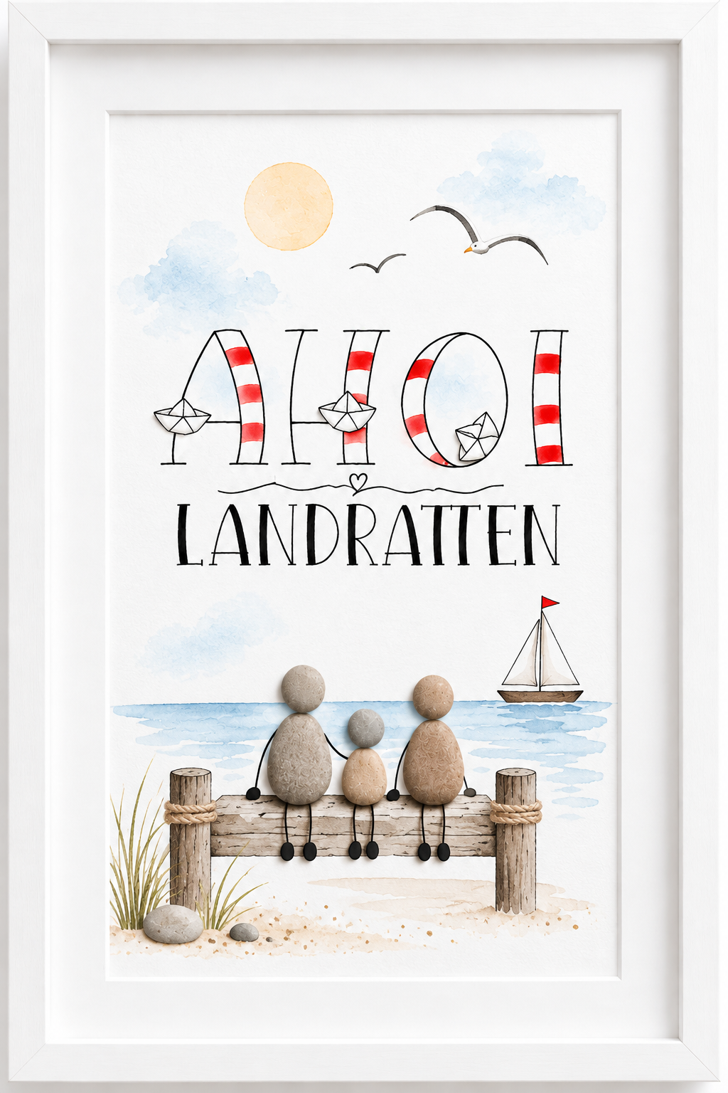 Kieselsteinbild Ahoi Landratten – maritimes Familiengeschenk, handgemachtes Steinbild
