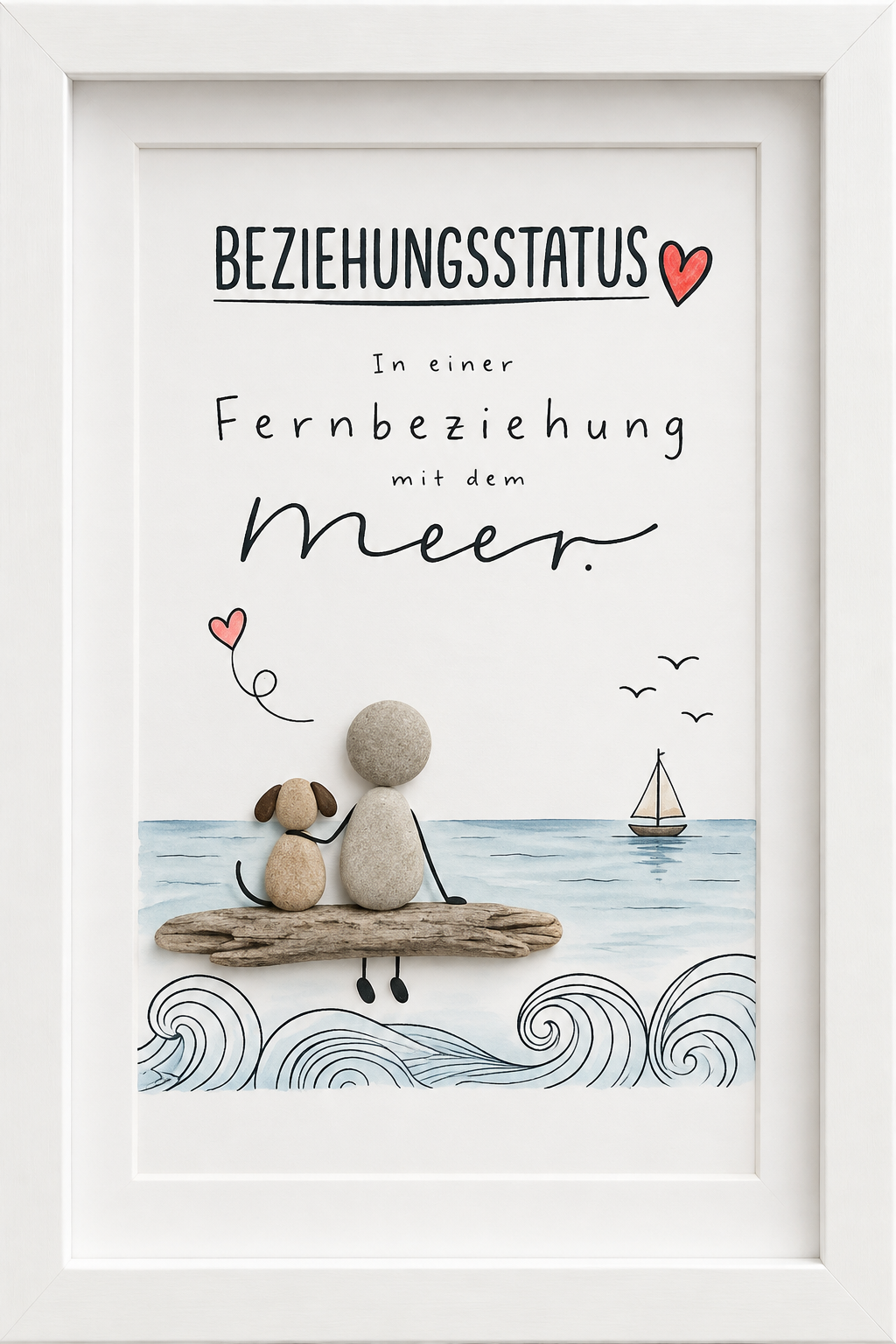 Kieselsteinbild Beziehungsstatus, in einer Fernbeziehung mit dem Meer – maritimes Geschenk, handgemachtes Steinbild