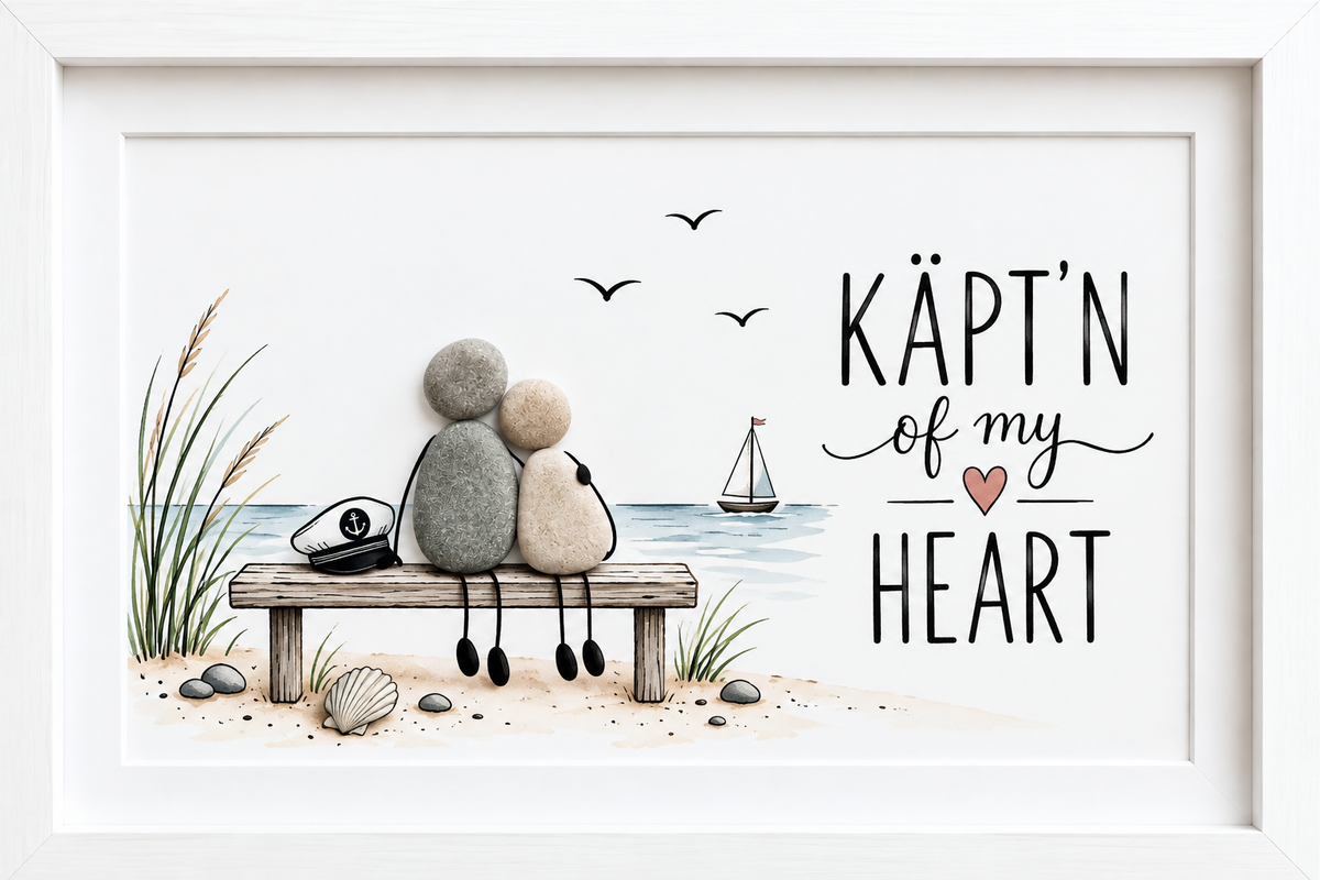 Kieselsteinbild Käpt'n of my Heart – maritimes Liebesgeschenk, handgemachtes Steinbild