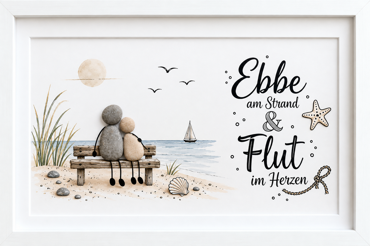 Kieselsteinbild Ebbe am Strand und Flut im Herzen – maritimes Liebesgeschenk, handgemachtes Steinbild
