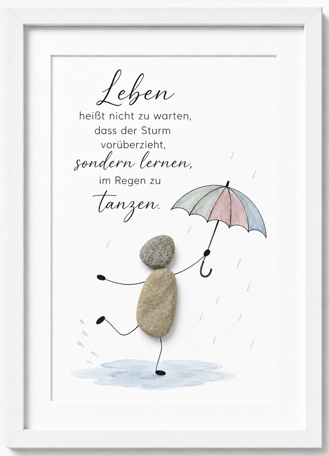 Kieselsteinbild Steinfigur mit Regenschirm „Leben heißt nicht zu warten" – aufmunterndes Geschenk, handgemachtes Steinbild