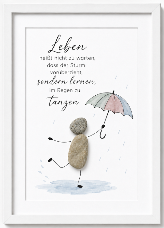 Kieselsteinbild Steinfigur mit Regenschirm „Leben heißt nicht zu warten" – aufmunterndes Geschenk, handgemachtes Steinbild